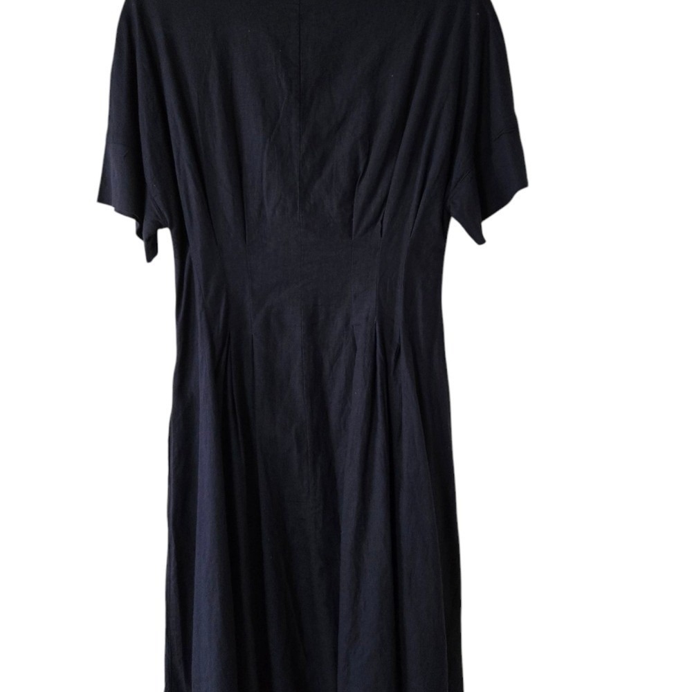 H by Halston Navy Linen‎ Blend Midi Shirt Dress Button Front Summer Classic - Picture 4 of 7